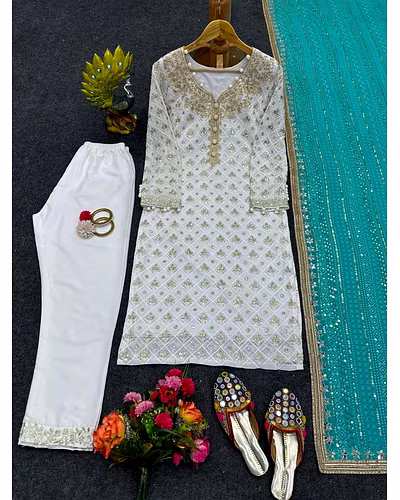 Faux Georgette Thread &amp; Sequence Work Dress with Matching Dupatta - 1kg-Rama-XL-1