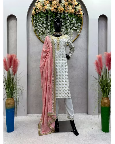 Faux Georgette Thread &amp; Sequence Work Dress with Matching Dupatta - 1kg-Pink-M-1