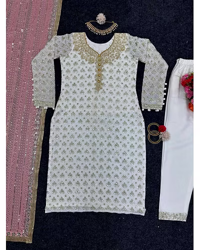 Faux Georgette Thread &amp; Sequence Work Dress with Matching Dupatta - 1kg-Pink-XL-2
