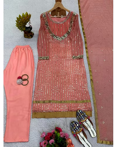 Faux Georgette Sequined Outfit with Matching Dupatta-Pink-M-4