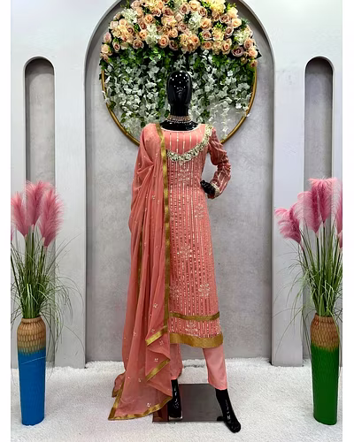 Faux Georgette Sequined Outfit with Matching Dupatta-Pink-L-3