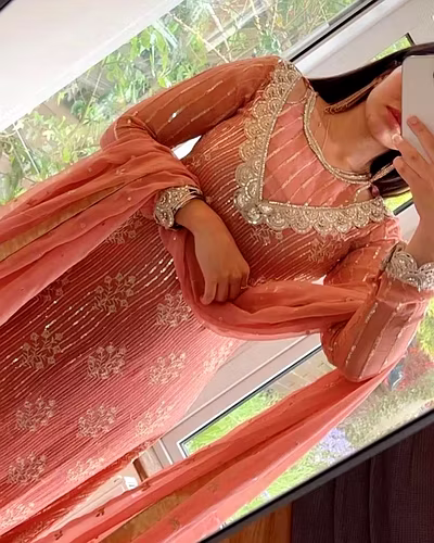 Faux Georgette Sequined Outfit with Matching Dupatta-Pink-XL-1