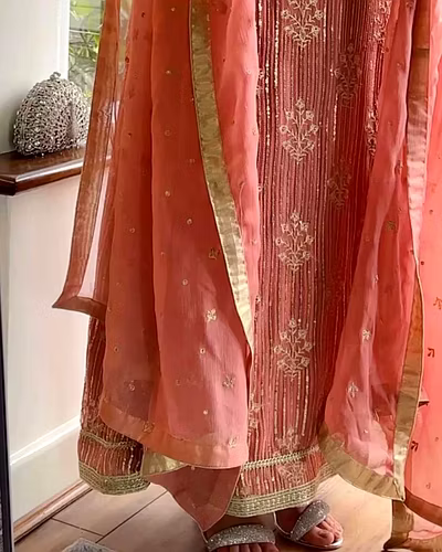 Faux Georgette Sequined Outfit with Matching Dupatta-Pink-XL-5