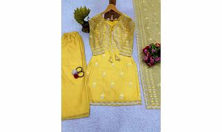 Yellow and Sky Ethnic 3-Piece Set with Intricate Threadwork