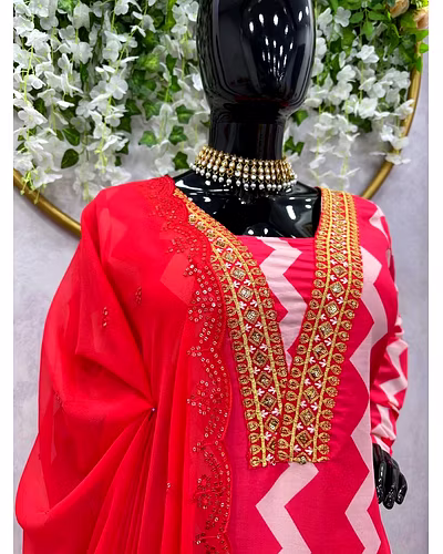 Digital Print Maslin Fabric with Sequins and Thread Work - 1kg-Red-M-4