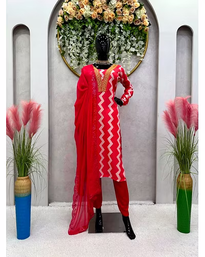 Digital Print Maslin Fabric with Sequins and Thread Work - 1kg-RRTC5683-Red-L
