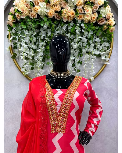 Digital Print Maslin Fabric with Sequins and Thread Work - 1kg-Red-L-1