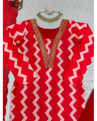 Digital Print Maslin Fabric with Sequins and Thread Work - 1kg-Red-L-2