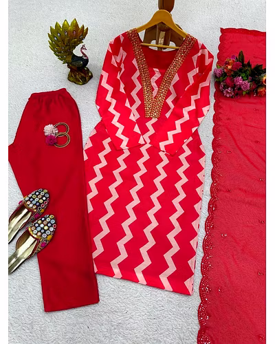 Digital Print Maslin Fabric with Sequins and Thread Work - 1kg-Red-L-3