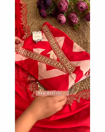Digital Print Maslin Fabric with Sequins and Thread Work - 1kg-Red-XL-5