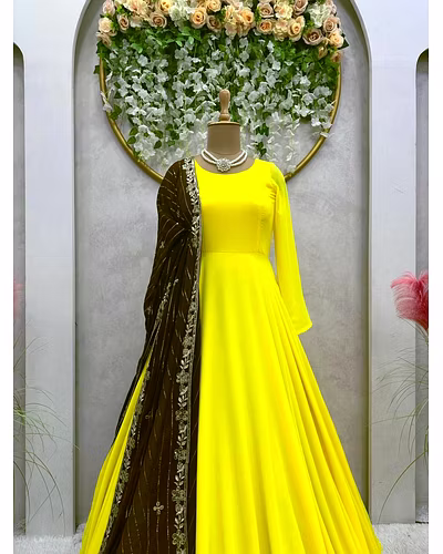 Foux Gorgette Flair Dress with Dori Pattern-Yellow-M-4