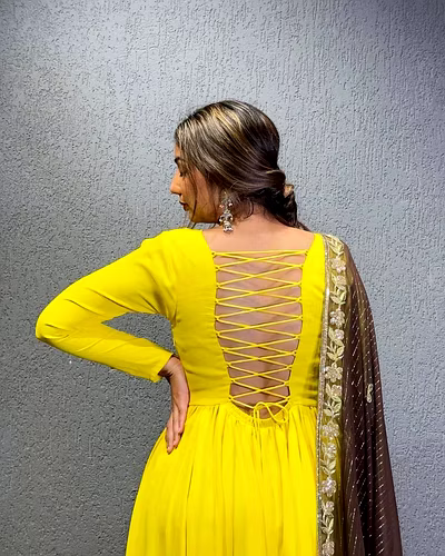 Foux Gorgette Flair Dress with Dori Pattern-Yellow-L-2