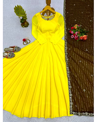 Foux Gorgette Flair Dress with Dori Pattern-Yellow-XL-5