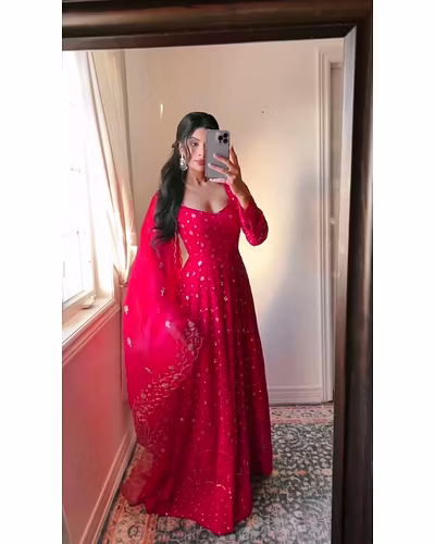 Foux Gorgette Top with Sequin Thread Work and Soft Net Dupata - 1kg, 2.2m-RRTC5681-Red-M