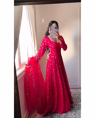 Foux Gorgette Top with Sequin Thread Work and Soft Net Dupata - 1kg, 2.2m-Red-M-2