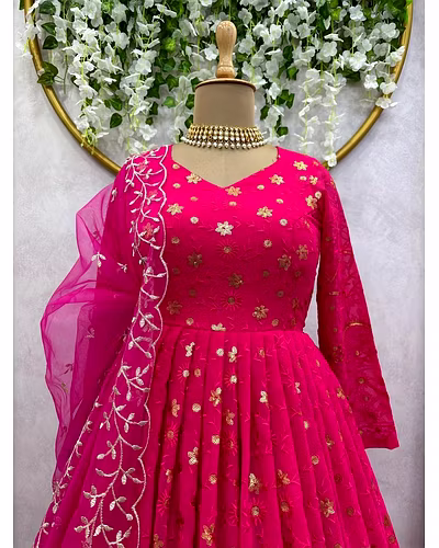 Foux Gorgette Top with Sequin Thread Work and Soft Net Dupata - 1kg, 2.2m-Red-M-4