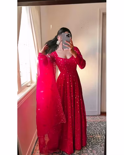 Foux Gorgette Top with Sequin Thread Work and Soft Net Dupata - 1kg, 2.2m-Red-L-1