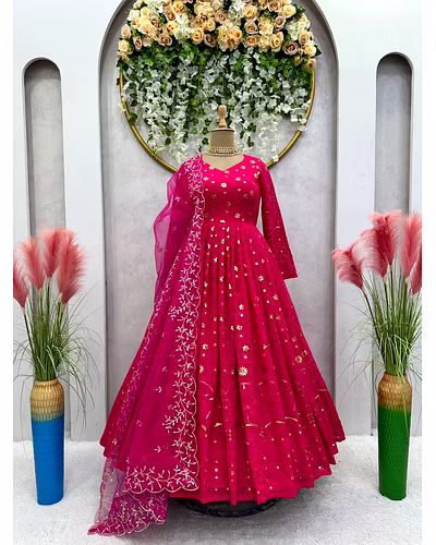 Foux Gorgette Top with Sequin Thread Work and Soft Net Dupata - 1kg, 2.2m-Red-XL-3