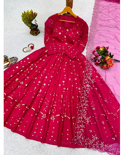 Foux Gorgette Top with Sequin Thread Work and Soft Net Dupata - 1kg, 2.2m-Red-XL-5