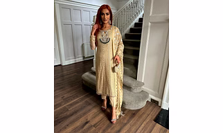 Exquisite Foux Gorgette Outfit with Sequin, Lace, and Moti Work