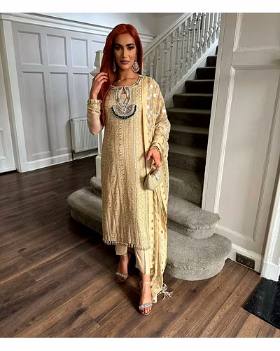 Exquisite Foux Gorgette Outfit with Sequin, Lace, and Moti Work-RRTC5676-Beige-M