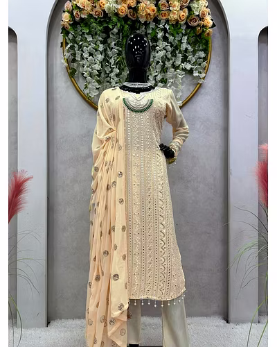 Exquisite Foux Gorgette Outfit with Sequin, Lace, and Moti Work-Beige-L-3
