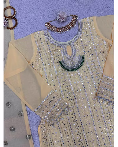 Exquisite Foux Gorgette Outfit with Sequin, Lace, and Moti Work-Beige-L-5