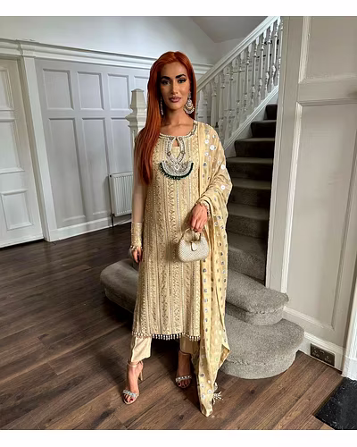 Exquisite Foux Gorgette Outfit with Sequin, Lace, and Moti Work-Beige-XL-1
