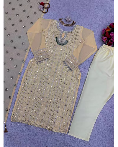Exquisite Foux Gorgette Outfit with Sequin, Lace, and Moti Work-Beige-XL-4