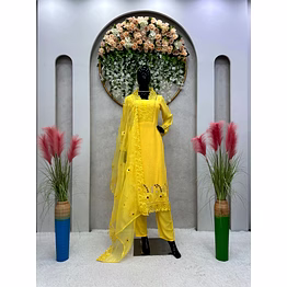ynf gorgeous maslin fabric 3-piece set: full stitched kurti, pant, and embellished dupatta