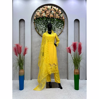 ynf gorgeous maslin fabric 3-piece set: full stitched kurti, pant, and embellished dupatta