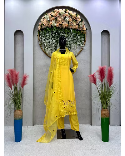 Gorgeous Maslin Fabric 3-Piece Set: Full Stitched Kurti, Pant, and Embellished Dupatta-RRTC5675-Yellow