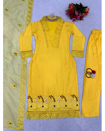 Gorgeous Maslin Fabric 3-Piece Set: Full Stitched Kurti, Pant, and Embellished Dupatta-Yellow-M-2