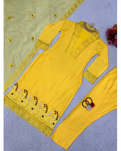 Gorgeous Maslin Fabric 3-Piece Set: Full Stitched Kurti, Pant, and Embellished Dupatta-Yellow-M-4