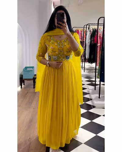 Exquisite Foux Goregtte Dress with Sequin Work - Lightweight &amp; Elegant-RRTC5674-Yellow-M