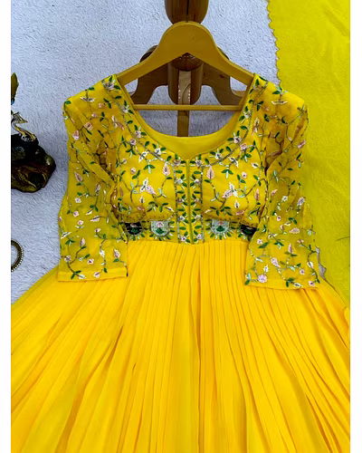 Exquisite Foux Goregtte Dress with Sequin Work - Lightweight &amp; Elegant-Yellow-L-4