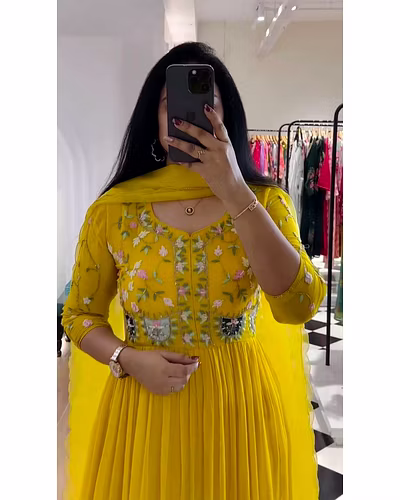 Exquisite Foux Goregtte Dress with Sequin Work - Lightweight &amp; Elegant-Yellow-XL-1