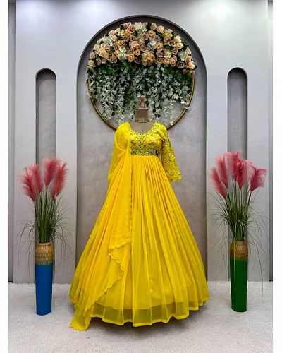 Exquisite Foux Goregtte Dress with Sequin Work - Lightweight &amp; Elegant-Yellow-XL-2