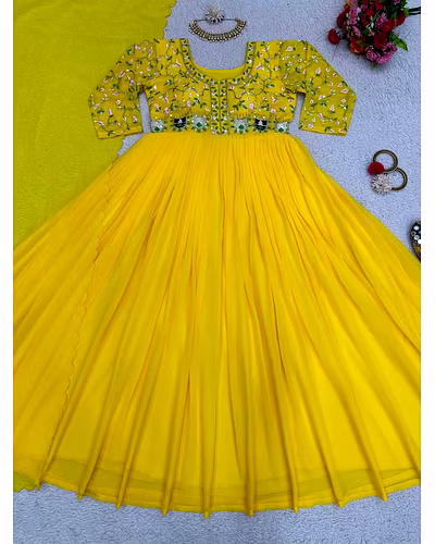 Exquisite Foux Goregtte Dress with Sequin Work - Lightweight &amp; Elegant-Yellow-XL-5