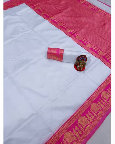 Soft Lichi Silk Saree with Heavy Jaquard Border &amp; Rich Pallu - Trendy &amp; Light Weight-White-4