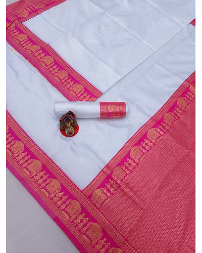 Soft Lichi Silk Saree with Heavy Jaquard Border &amp; Rich Pallu - Trendy &amp; Light Weight-White-5