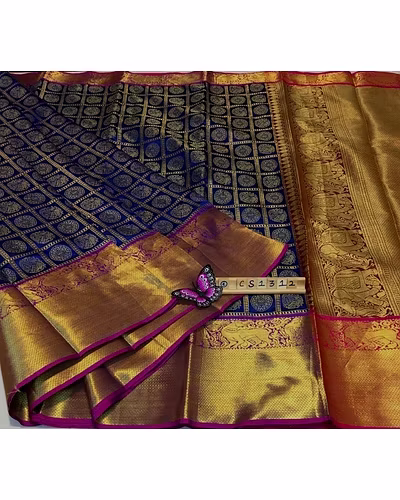 Kanchipuram Handloom Silk Saree with Rich Zari Pallu Border and Figure Design-PCFkanan-NavyBlue