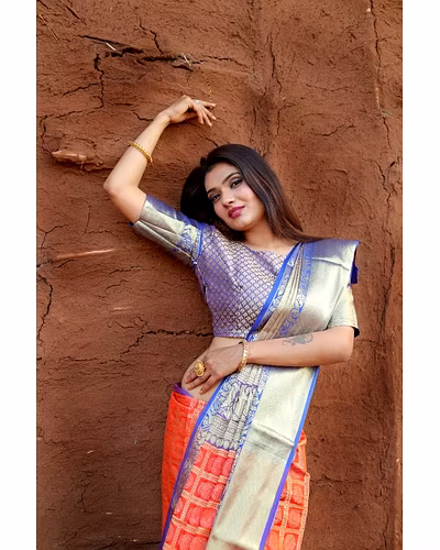 Kanchipuram Handloom Silk Saree with Rich Zari Pallu Border and Figure Design-PCFkanan-Orange