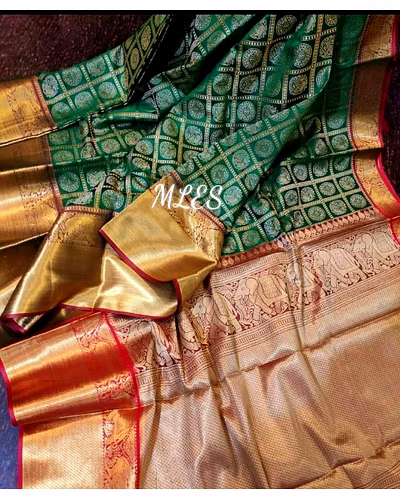 Kanchipuram Handloom Silk Saree with Rich Zari Pallu Border and Figure Design-PCFkanan-Green