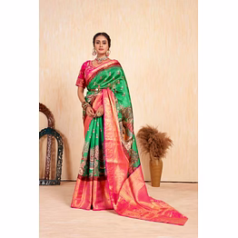 ynf pattu kalamkari silk saree with brocade blouse and contrast pallu