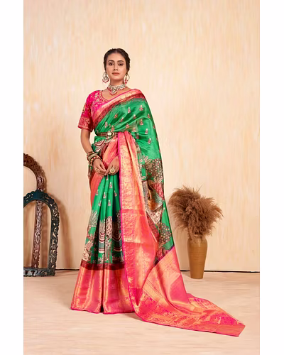 Pattu Kalamkari Silk Saree with Brocade Blouse and Contrast Pallu-PCFkalamkari-Green