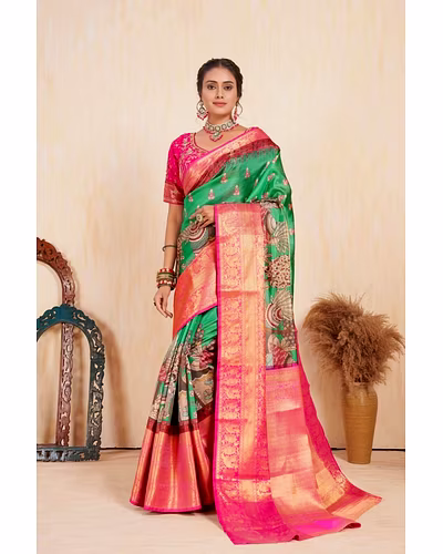 Pattu Kalamkari Silk Saree with Brocade Blouse and Contrast Pallu-Green-1