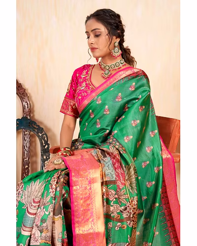 Pattu Kalamkari Silk Saree with Brocade Blouse and Contrast Pallu-Green-2