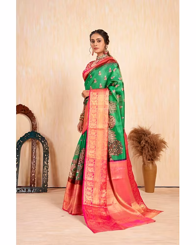 Pattu Kalamkari Silk Saree with Brocade Blouse and Contrast Pallu-Green-4