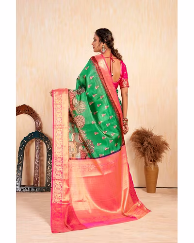 Pattu Kalamkari Silk Saree with Brocade Blouse and Contrast Pallu-Green-5